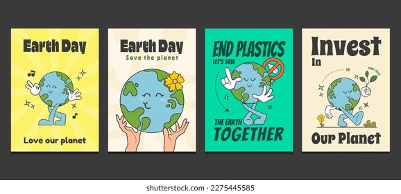 earth day posters in trendy retro cartoon style, retro 70s posters. Vector illustration