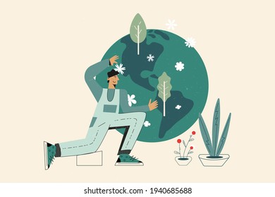 Earth Day Protect Nature And Ecology Concept. People Take Care About Planet. Globe With Trees, Plants, Flowers And Eco Volunteer Character. Flat Vector Cartoon Illustration