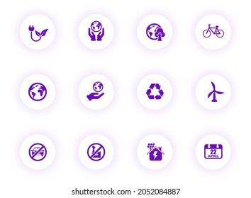 earth day purple color vector icons on light round buttons with purple shadow. earth day icon set for web, mobile apps, ui design and print
