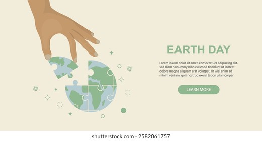 Earth Day Puzzle Globe banner. Hands Collaborative Environmental Concept. hand assembling a puzzle globe, symbolizing global cooperation and environmental unity for Earth Day. Vector illustration