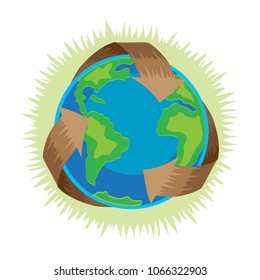 Earth day, recycle symbol around green planet, recycling concept blue globe protection, global eco save nature vector illustration isolated on white background