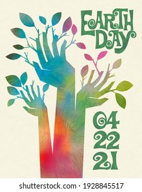 Earth Day retro design of raised hands sprouting branches and leaves. For posters, banners, social media, decor. For Earth Day, April 22, 2021. Vector illustration.