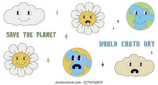 Earth Day. Save the Earth. Concept of World Environment Day in retro style. 70s.World Environment Day. Cartoon cute earth planet character.Clipart.