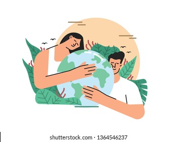 earth day of save earth illustration contains of man and woman holding or hugging earth sorounded by tropical leafs vector illustration