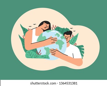 Earth day or save earth or love the earth illustration contains of a man and woman holding or hugging earth sorounded by a green leave of nature vector