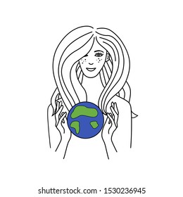 Earth day, save earth or love earth illustration Woman holding or hugging planet - Vector. Save the planet concept. Girl is holding a globe. Ecology concept of the Earth day. Flat,line style