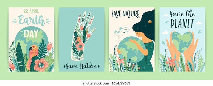  Día de la Tierra. Salvemos a la Naturaleza. Plantillas vectoriales para tarjeta, afiche, banner, volante. Elemento de diseño