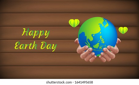 Earth day save our planet concept. Human hands holding globe with wood background. World environment day. go green. realistic 3d style. greeting , banner, celebration vector illustration. eps10