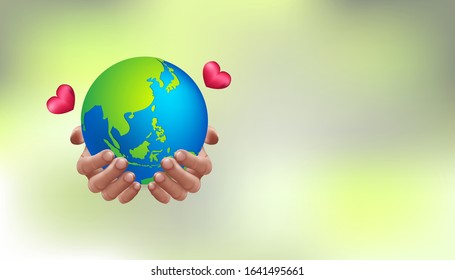 Earth day save our planet concept. Human hands holding globe and love with bokeh blur background. World environment day. go green. realistic 3d style. greeting , banner. vector illustration. eps10