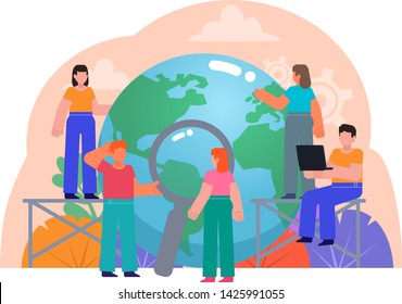 Earth day, save planet concept. People stand near big globe. Poster for social media, web page, banner, presentation. Flat design vector illustration