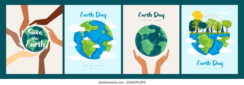 Earth Day. Save the Planet. Ecology and environmental protection. Can be used as a postcard or for printing. Vector illustration in flat cartoon style. Collection, set of vector illustrations.