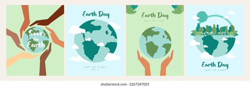 Earth Day. Save the Planet. Ecology and environmental protection. Can be used as a postcard or for printing. Vector illustration in flat cartoon style. Collection, set of vector illustrations.