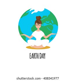 Earth Day. Save planet. Girl practicing yoga. In Harmony with Nature. Save date poster. Vector illustration