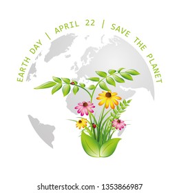 earth day save the planet globe with plants and flowers vector illustration EPS10
