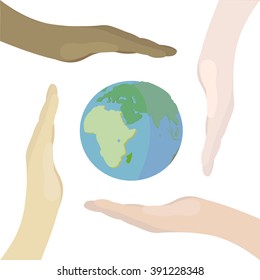 Earth day. Save the planet. Hands palm and Earth. Modern flat design vector illustration. Isolated on white background