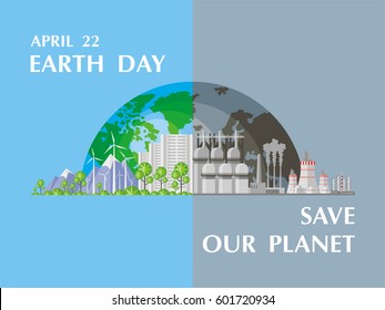 Earth day. Save the planet. A poster depicting urban and industrial landscapes