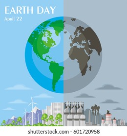 Earth day. Save the planet. A poster depicting urban and industrial landscapes