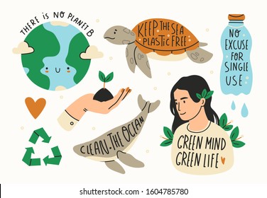 Earth day. Save the planet theme. Zero waste, plastic free concept. Green world, ecology problem. Hand drawn colored vector set. Trendy illustration. Various quotes. All elements are isolated