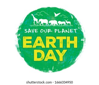 Earth Day. Save Planet. World Environment Day concept. Green Eco Earth. Globe vector illustration. Wild animals on blue globe. World map on heart shape. Elephant, giraffe, eagle and leaf.