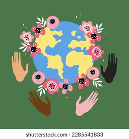 Earth Day, save the earth, world peace. The concept of environmental problems, environmental protection, care for our world. Flat illustration of planet in colors and hands of different races. Vector