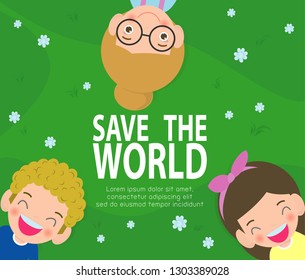 Earth Day, save the world, save planet, ecology concept, cute kid cartoon character isolated on white background vector illustration, poster and decorate your blog or website