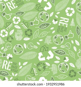 Earth Day Seamless Pattern design. Vector illustration composed from many ecology theme symbols.