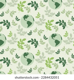 Earth day seamless pattern. International Mother Earth Day. Ecology with globe Earth, and leaves. Vector illustration