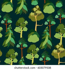 Earth Day. Seamless pattern with trees against the sky. Pine, spruce, linden, birch. Ecology. Vector illustration.