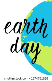 Earth Day. Set of greeting cards. Lettering on the background of earth and foliage. Preservation of the planet, environmental friendliness.