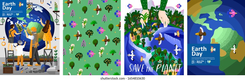 Earth Day! Set of posters with people caring about planet; birds and trees pattern; metaphorical big hand caring about forest; Earth planet. Vector cute illustration for card, postcard or poster