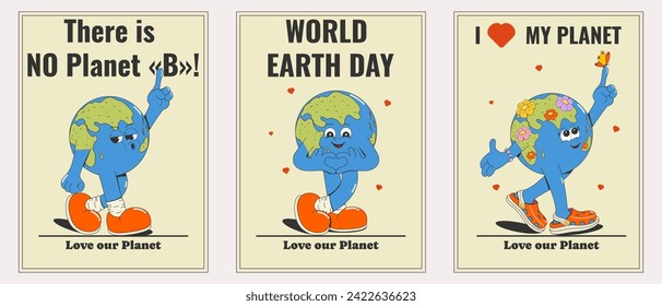 Earth Day. A set of posters, stickers, postcards, prints with a cartoon, cute earth. Vector illustration, eps10.