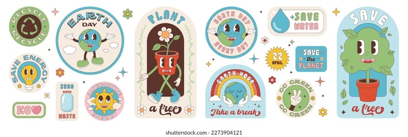 Earth Day is a set of retro style stickers. Save the planet, hour and day Earth groove characters illustration. Editable stroke