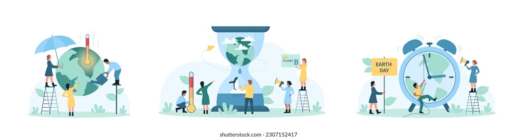 Earth Day set vector illustration. Cartoon tiny people reduce global warming with umbrella and watering can, push hand on clock with Earth on dial, countdown of time to save planet in hourglass