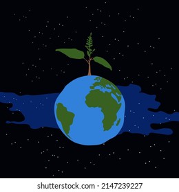 Earth day simple icon concept vector illustration. Earth with blue and green color fill, single plant on top and starry outer space background. Editable graphic resources for many purposes.