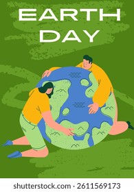 Earth Day, a simple and mostly green design showing a man and woman embracing the earth. Vector illustration