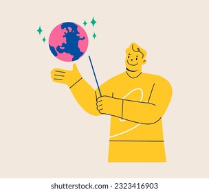 Earth Day. Smiling man holding planet earth model in hands. Caring for Nature. Colorful vector illustration
