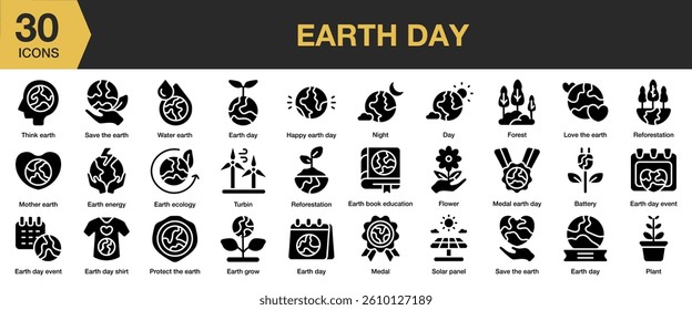 Earth Day solid icon set. Includes earth, environment, nature, green, day, ecology, and More. Solid icons vector collection.