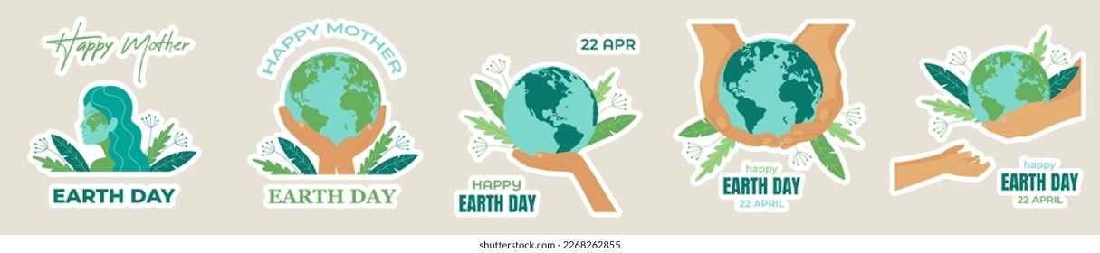 Earth day sticker pack. International Mother Earth Day. Ecology and environmental protection concepts. Vector illustration in flat style