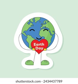 Earth Day sticker, planet Earth cartoon character holding red heart, vector illustration