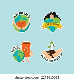 Juegos de stickers del Día de la Tierra. Salvar el planeta ilustración vectorial de color dibujada a mano. 