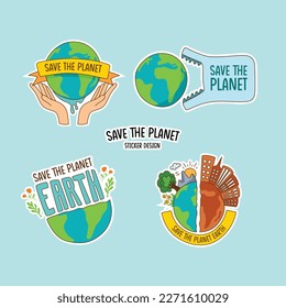 Earth day sticker sets. Save the planet Hand-drawn colored vector illustration. 