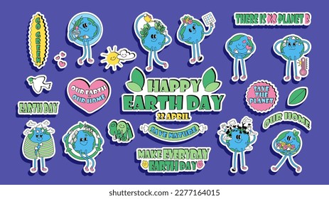 Earth day stickers set. Modern vintage and retro style collection with Earth globe characters. Cute cartoon planet with ecology symbols and signs. Vector illustration