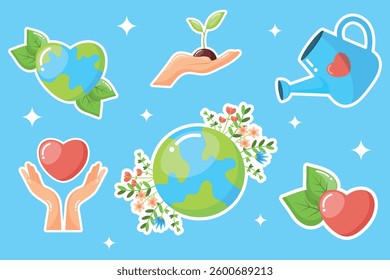 Earth day stikers isolated on blue background. Decorations for earth day celebration or ecological events. Stickers with Earth, sprout,flowers, watering can, hands, heart, leaf. Vector illustration.