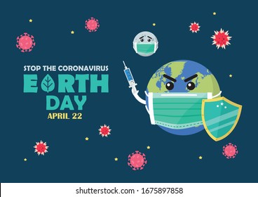 Earth Day Stop the Coronavirus Concept Banner. Planet earth wearing a protection medical mask and use vaccine to protect and fight surrounding Covid-19 Coronavirus, COVID-19