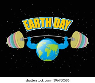 Earth Day. Strong planet and sports barbell. Powerful doing exercises. Black outdoor space
