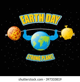 Earth Day. Strong planet and sports barbell. Powerful doing exercises. Black outdoor space
