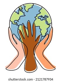 Earth Day is a symbol of unification and caring for the planet. The planet is in the hands of people with different skin colors.    