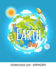 Earth Day template colorful poster with planet, shining sun and flying rocket. Eco world environment holiday vector illustration