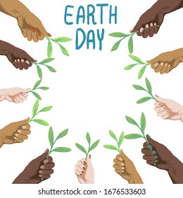 Earth day text with copy space on white isolated backdrop. Multinational arms for invitation card, social banner, flyer or pillowcase. Hoody or t shirt print. Cartoon style stock vector illustration