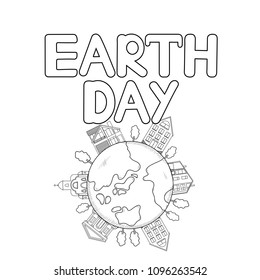 Earth Day text and icons of Earth, houses, trees. Coloring page. Vector illustration